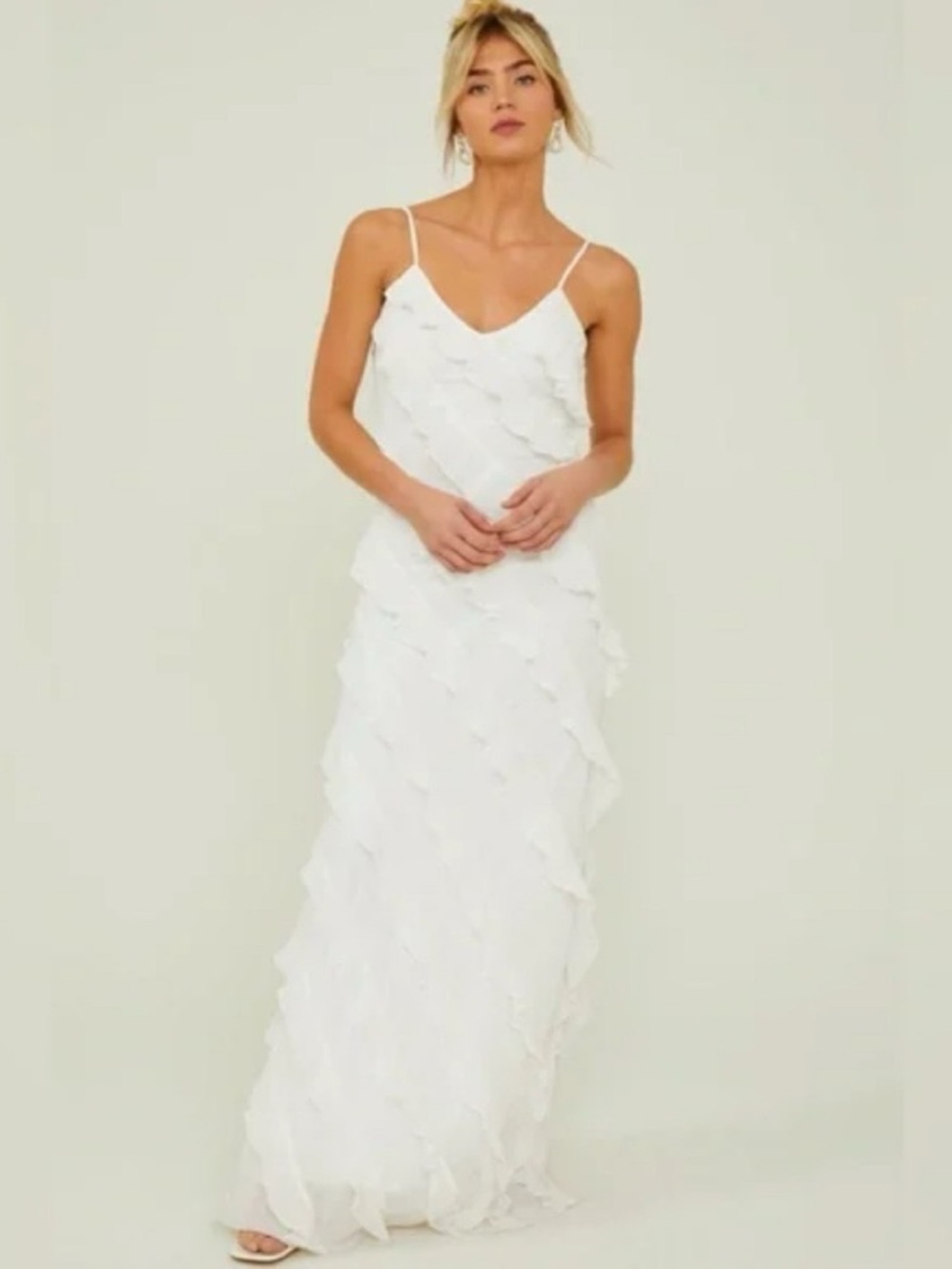 ALTAR’D STATE White Ruffle Maxi Gown w/Slit Formal Prom